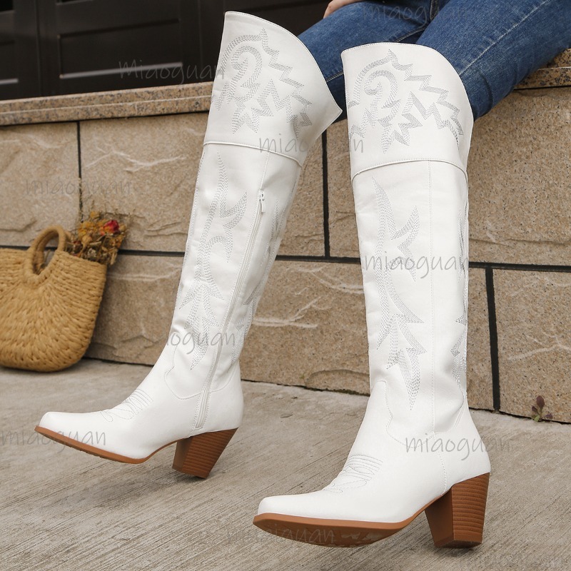 Vintage Zipper - Women's Knee High Cowboy Boots Western